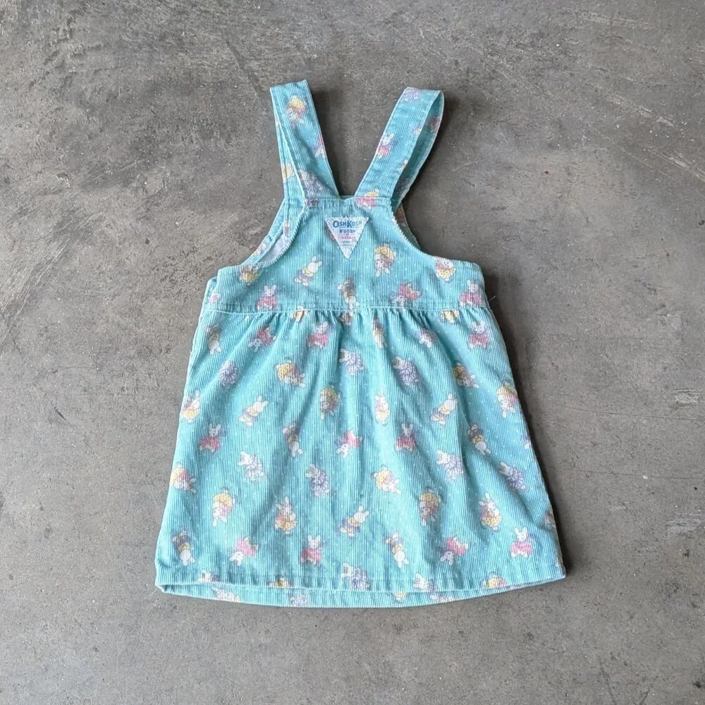 Vintage Oshkosh B'Gosh Teal Corduroy Bunny Rabbit Pattern Overall Dress size 4T